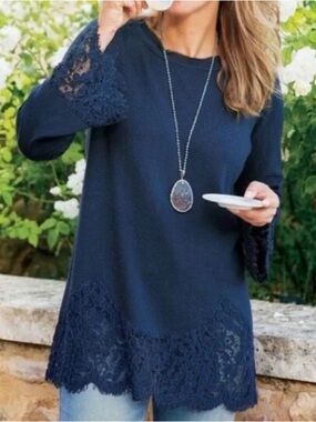 Soft Surroundings Isabeau Lace Trimmed Blue Tunic Sweater